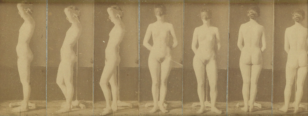 THOMAS EAKINS (1844-1916) Series of 7 photographs from the Naked Series, with a female model wearing a blindfold.
